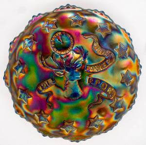1914 Parkersburg (West Va.) Elks Lodge Fenton carnival glass advertising plate in blue with Elk and Stars design, 7 ½ inches in diameter (est. $500-$1,000).