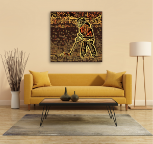 Coloromo's AI-enhanced image-to-art artified kid playing hockey, printed on canvas and hanging on living room wall