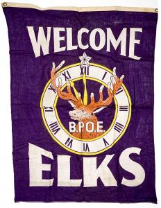 Group of five vintage B.P.O.E. Elks Lodge banners, ranging in size from 18 inches by 18 inches to 100 inches by 44 inches. The banners need a good cleaning (est.50-$100).