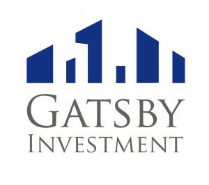 Gatsby Investment Corporate Company Logo - Blue and While. Illustrate an image of a house, with the company title below.