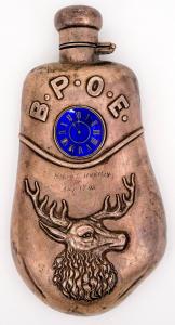 Antique B.P.O.E. Elks Lodge sterling silver flask in the shape of an elk’s tooth, the back marked ‘Sterling’, the front inscribed and dated ‘Aug. 17 05’ (est. $400-$600).