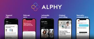 A purple to blue gradient background with the Alphy logo and five screens from the Alphy app along with the text 