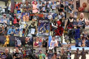 A photo montage with dozens of Battlefield Earth fans posing with the book.