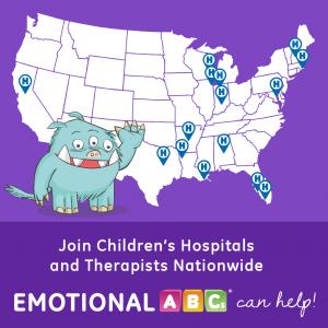 USA map of 13 Children's Hospitals that use Emotional ABCs, Moody waving