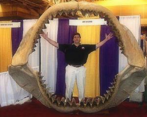 Steve Alten Stands in the Fossilized Jaw Bones of a Shark