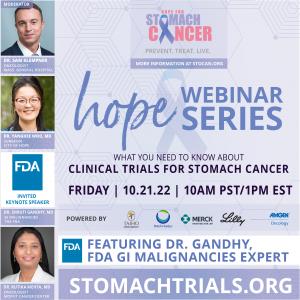 What You Need to Know About Clinical Trials For Stomach Cancer. Our knowledgeable presenters include: Dr. Samuel Klempner (moderator) GI Oncologist at Massachusetts General Hospital, Dr. Yanghee Woo, Surgical Oncologist at City of Hope, Dr. Shruti Gandhy,