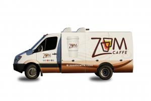 Photo of ZoomCaffe mobile truck wrap design.