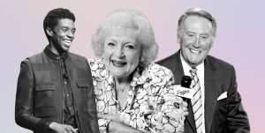 Chadwick Boseman, Betty White, and Vin Scully pictured in black and white