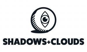 The shadows+clouds production company logo is black on a white background, a circle with a vertical eye in the middle.