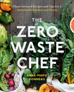 A cover of the Zero-Waste Chef cookbook. The book's title appears over an image of fresh leafy greens and other produce.
