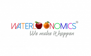 This is an image of a logo: Waterloonomics. where various fruits are used for letters.