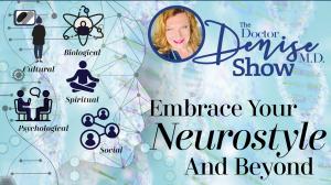 The image shows Dr. Denise surrounded by graphics depicting the cultural, psychological and social ways we process the worldical, biological, spirtual and