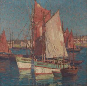 Oil on canvas painting by Edgar Alwin Payne (American, 1883-1947), titled Fishermen’s Harbor, Concarneau, France, 30 inches by 30 inches (est. $30,000-$50,000).