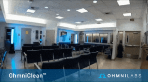 OhmniClean robot disinfects a hospital waiting area
