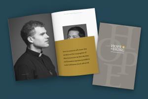 Image of the campaign case statement cover and one spread that features a black and white portrait of a young priest.