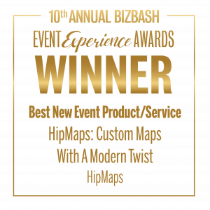 Gold text announcing HipMaps as the winner of the BizBash Events Experience Award for Best New Event Product/Service