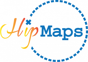 Logo for HipMaps is Hip in orange & yellow and Maps in Blue with a blue dotted line as a circle around the words with an x as the dot above the i in Hip