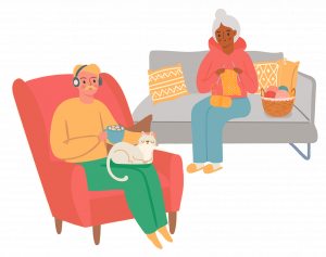A light-skinned person with blond hair and a mustache sits in an armchair with a cat on their lap. They have headphones on their head and are holding a mug. Behind them, a dark-skinned person sits on a couch, knitting. They have white hair pulled into a bun.