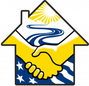 Outline of a house with two yellow hands clasping as if making a deal. A blue river that also resembles the American flag is shown in the background.