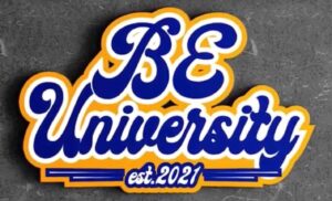 Blue, gold, white logo reads Be University established 2021