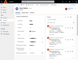 Screenshot web interface of a contact in Dynamics CRM with text messages in the activity list